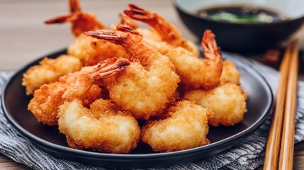 Crispy Fried Shrimp Appetizer Served on a Black Plate with Dipping Sauce and Chopsticks on a Wooden Table