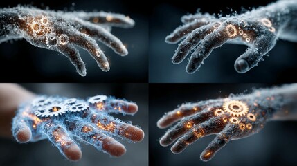 Intricate digital network and glowing gears materialize on a human hand, symbolizing innovation, connection, and the future of technology and human ingenuity