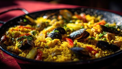 Delicious Seafood Paella cooked in a traditional pan with rice and vegetables.
