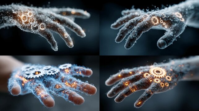 Intricate digital network and glowing gears materialize on a human hand, symbolizing innovation, connection, and the future of technology and human ingenuity