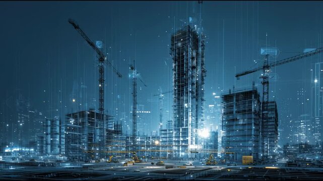 Construction in Futuristic Cityscape: A captivating high-angle shot showcases the futuristic development of a bustling city, teeming with construction, enhanced with an evocative digital overlay.