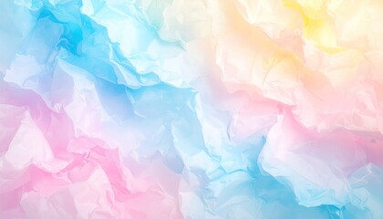 Soft, crinkled paper texture blends pastel hues of pink, blue, and yellow. Creating a light, airy and dreamy abstract background