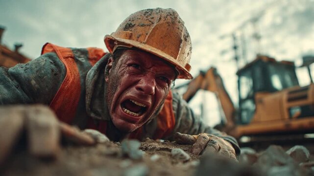 Construction Worker in Distress: Intense close-up of a construction worker in a moment of distress, a symbol of labor and the harsh realities of the construction site.
