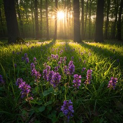 Obraz premium Sunrise in Forest, Purple Wildflowers, Sunbeams