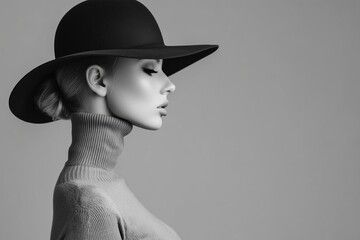 Black and white fashion portrait of young woman wearing stylish hat in profile view against gray background