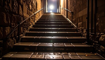 Urban Stairway at Night, Stone Walls, Glowing Light