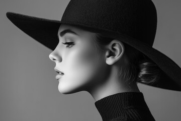 Black and white fashion portrait of young woman wearing stylish hat in profile view against gray background