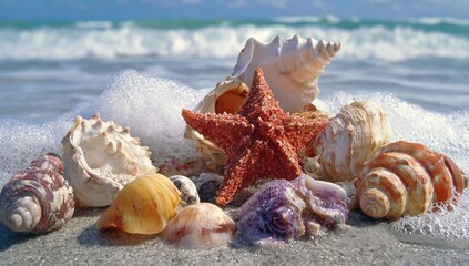 Assorted Seashells and Starfish Collection on a Sandy Beach Shoreline.
