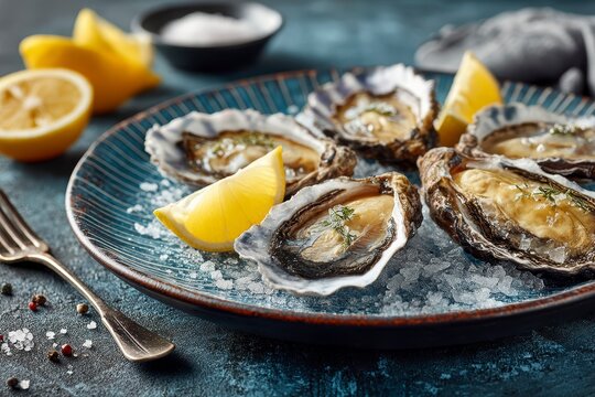 Fresh Oysters with Lemon Slices on Ice for Gourmet Seafood Experience