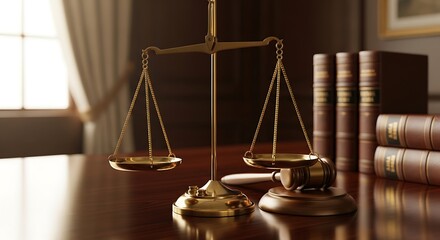 Gavel, books and scale on table, symbol of justice and legal system