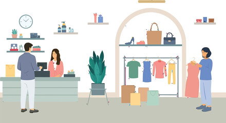 Shopping experience in stylish boutique with happy customers and modern fashion on display