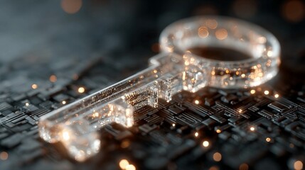 Unlock digital frontiers with this stunning transparent key revealing intricate circuitry and glowing data streams, symbolizing innovation and secure access