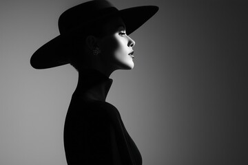 Black and white fashion portrait of young woman wearing stylish hat in profile view against gray background