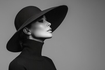 Black and white fashion portrait of young woman wearing stylish hat in profile view against gray background
