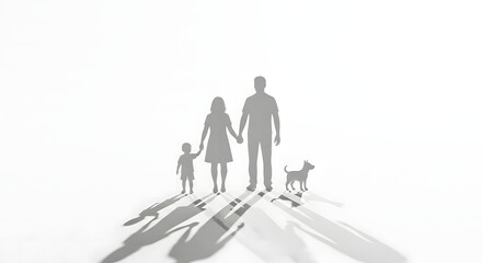 Fototapeta premium Pixelated family and dog silhouette with long shadows on white background representing togetherness and connection