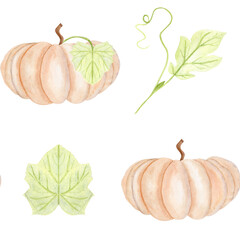 Beige pumpkin and green leaves watercolor seamless pattern isolated on white. Hand-painted harvest illustration, perfect for Thanksgiving, Halloween, seasonal decor, stationary, and digital designs