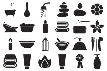 Spa and wellness icons, featuring bathtub, shower, soap, towels, candles, and essential oil for relaxation and beauty