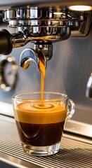 Espresso Machine Pouring Coffee into Cup.