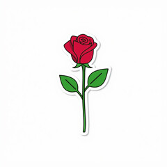 Fototapeta premium Illustration of a red rose with green leaves and stem on white background.