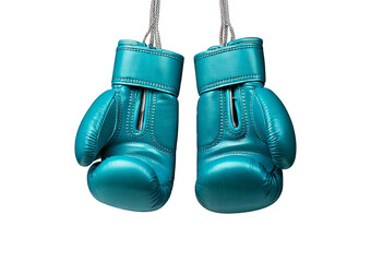A pair of turquoise boxing gloves hang from a hook, ready for use  isolated on transparent or white background