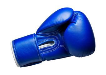 A blue boxing glove shown in the side view ready for use isolated on a transparent or white background.