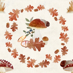 Mushrooms, snail, compass, oak leaves, acorns, and berries in rustic autumn wreath on textured beige paper. Cozy watercolor seamless pattern. Woodland design perfect for seasonal fabric, packaging.