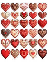 Heart-shaped treats in various colors and patterns