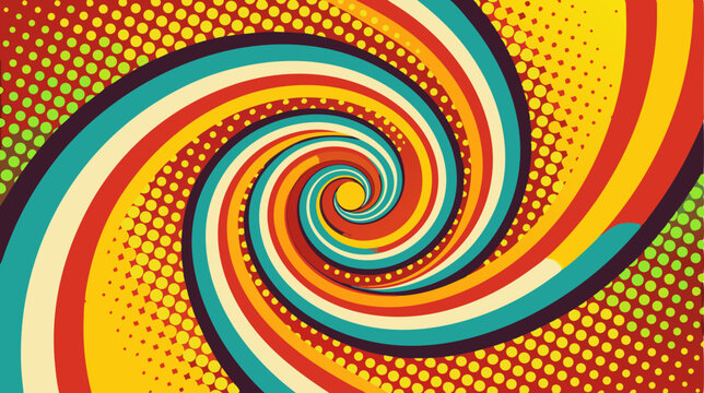 a vibrant, multi-colored spiral. The background is a mix of yellow and green with a halftone dot pattern, creating a dynamic and dizzying visual effect reminiscent of the 1960s.