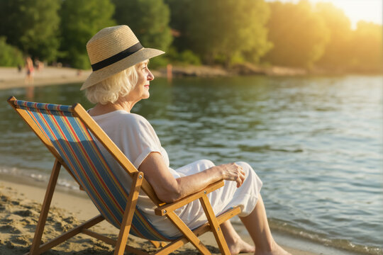 Senior woman relaxing in a deck chair on the beach at sunset. Mature person enjoying a summer vacation. Retirement and leisure lifestyle concept. - Powered by Adobe