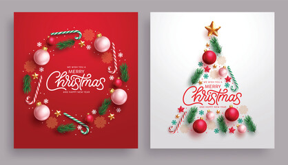 Merry Christmas greeting card clipart poster set. Christmas card and Christmas wishes clip art with round and pine tree shape of colorful ornament for holiday season poster collection vector 