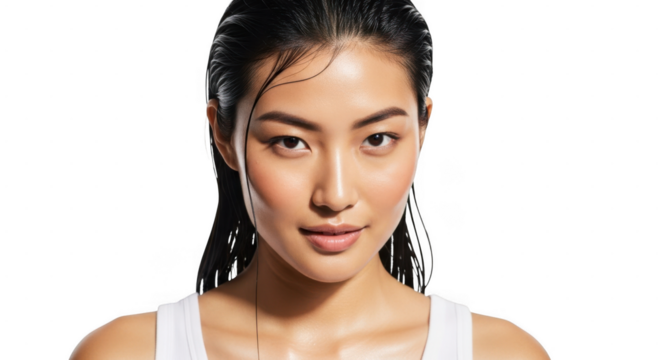 A beautiful young asian woman with wet hair and glowing skin, looking directly at the camera isolated on transparent background
