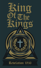 Elegant King of Kings Emblem with Cross Laurel Wreath and Text.