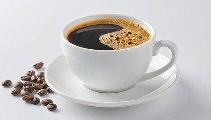 Fototapeta premium A cup of dark coffee rests on a saucer with scattered beans on a white surface, creating a simple and inviting beverage scene