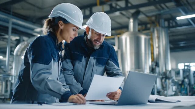 Engineers Collaboration in the Industry: Two skilled engineers collaborate in a state-of-the-art factory, diligently studying blueprints and using a laptop.