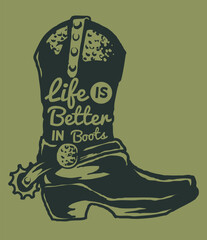 Vintage Cowboy Boot Illustration with Life is Better in Boots Text.