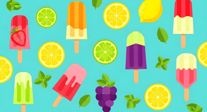 A vibrant pattern of fruit popsicles and slices of lemon, lime, and other fruits. - Powered by Adobe