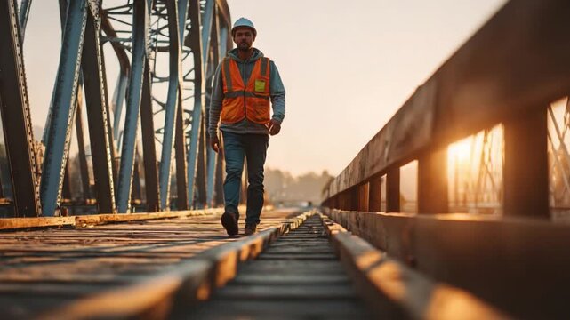 Walking the Tracks: An engineering professional strides confidently along a railway bridge bathed in the warm light of sunrise, embodying the spirit of infrastructure and progress.