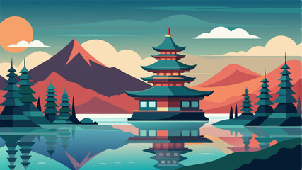 A serene lakeside view featuring a of ornately decorated pagodas a testament to the influence of Eastern cultural heritage in the region.