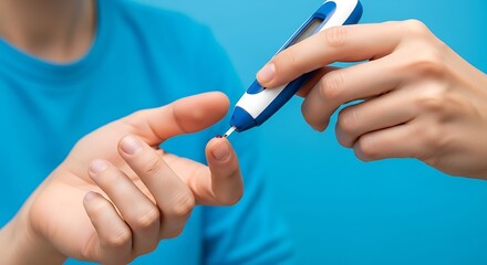 A person's finger being pricked by a glucose meter to check blood sugar levels, highlighting diabetes management.