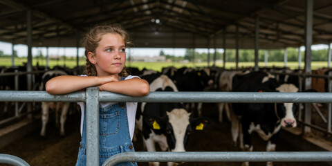 Fototapeta premium A young girl in overalls stands in a barn with a herd of holstein cows. Rural farming and agriculture lifestyle concept.