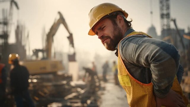 Construction Worker with Back Pain: A construction worker, burdened by back pain, stands on a bustling construction site, his discomfort evident against the backdrop of machinery.