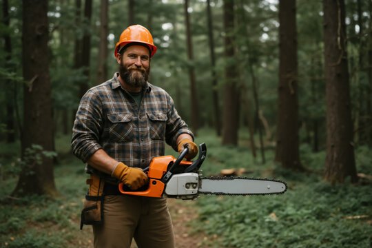 Smiling lumberjack with a beard holding a chainsaw in the forest. Professional arborist worker wearing a hard hat. Forestry and logging industry concept.