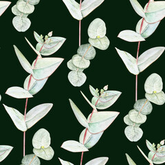 Eucalyptus branches with pointed and round leaves watercolor seamless pattern on dark background. Hand-painted art ideal for textile, natural cosmetics branding, packaging, fabric, eco decor