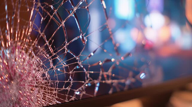 Space rocket launch from laptop screen concept. A broken monitor displays a shattered glass effect with colorful lights in the background.