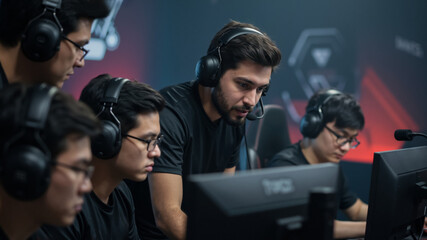 Esports coach discussing strategy with his team during a gaming competition. Professional players focused on a video game tournament. Teamwork and concentration concept.