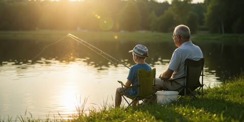 Grandfather and grandson fishing together on a lake at sunset. Senior man and young boy bonding by the water. Intergenerational family activity concept.