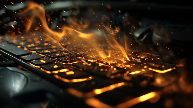Space rocket launch from laptop screen concept. Sparks and flames emerge from the keyboard, illustrating a digital explosion.