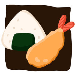 Delicious onigiri rice ball with seaweed and crispy tempura shrimp for a tasty Asian meal