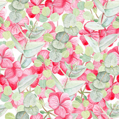 Eucalyptus, pink geranium on a white background. Seamless watercolor pattern. Hand-painted design perfect for textile, gift wrapping, wedding invitations, packaging, stationery, spring-summer decor