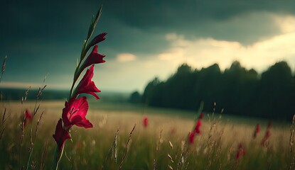 Red gladiolus flower in a field under a dramatic sky